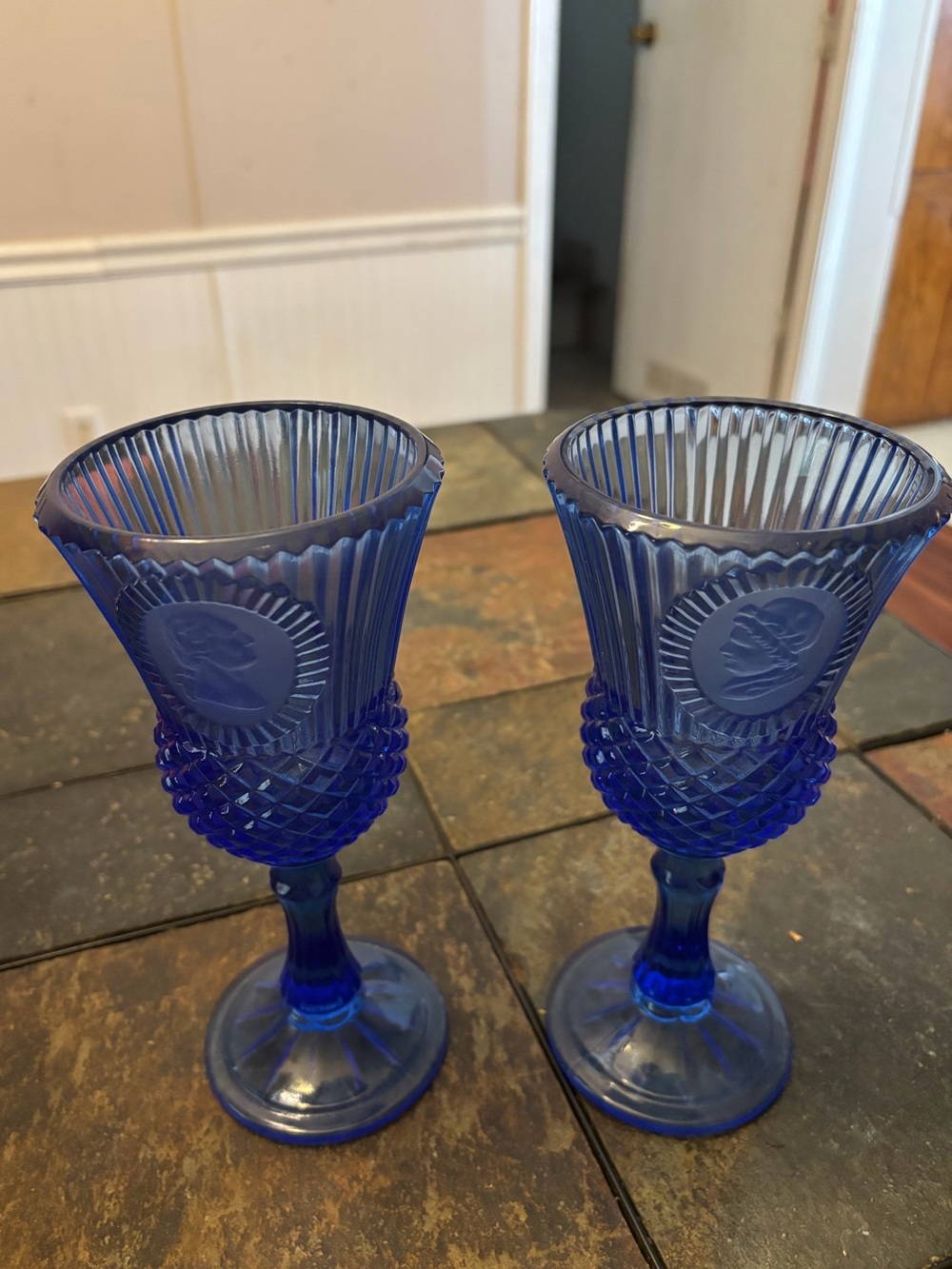 Vintage Avon George & Martha Cobalt Blue Pressed Glass Goblets